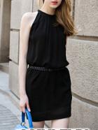 Romwe Halter With Belt Chiffon Black Dress