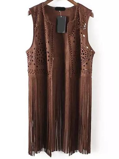 Romwe Hollow Out Fringe Suede Brown Vest Coat
