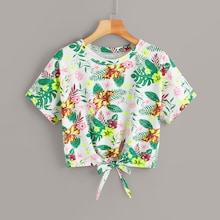 Romwe Floral Print Knot Hem Tee