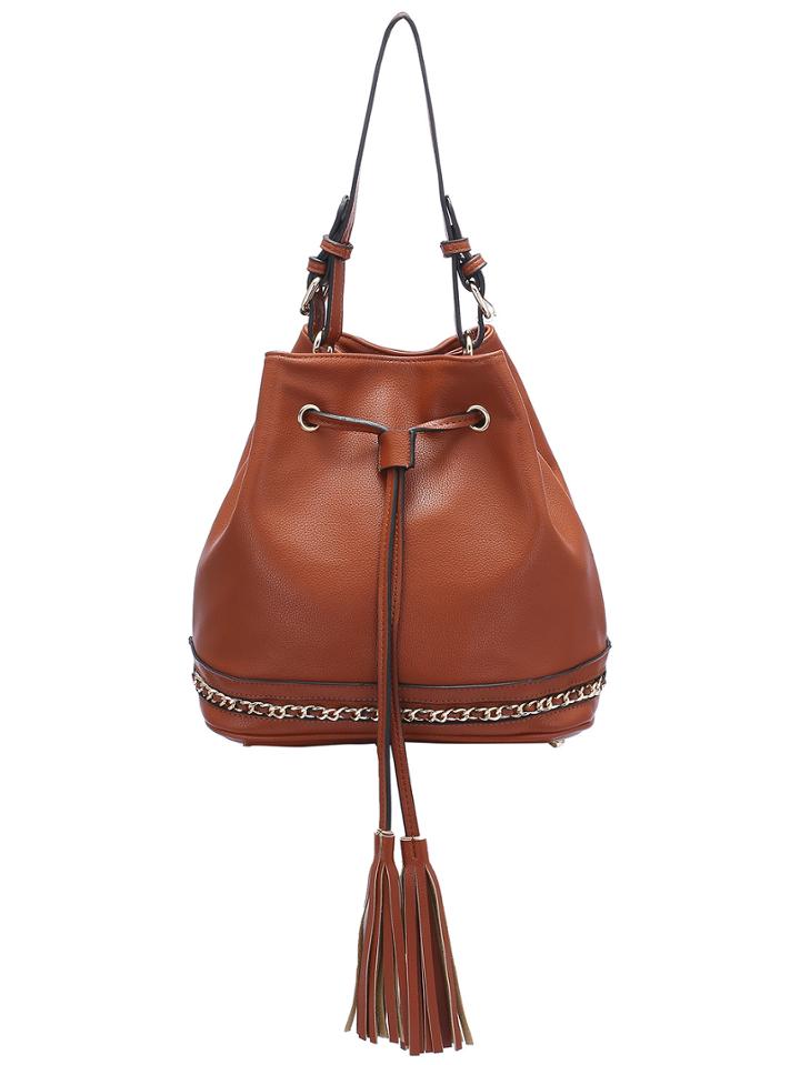 Romwe Brown Drawstring Tassel Bucket Bag