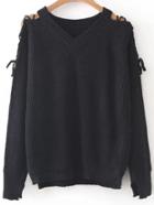 Romwe Black V Neck Lace Up Sleeve High Low Sweater
