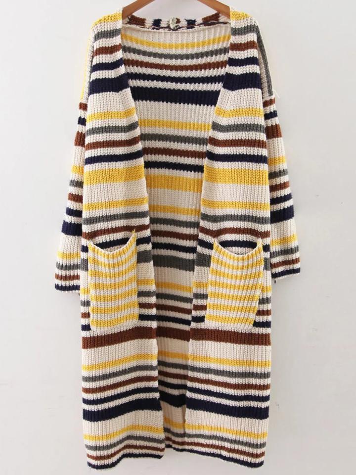 Romwe Yellow Striped Drop Shoulder Pocket Long Cardigan