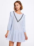 Romwe Embroidered Tape Detail Frilled Pinstripe Smock Dress