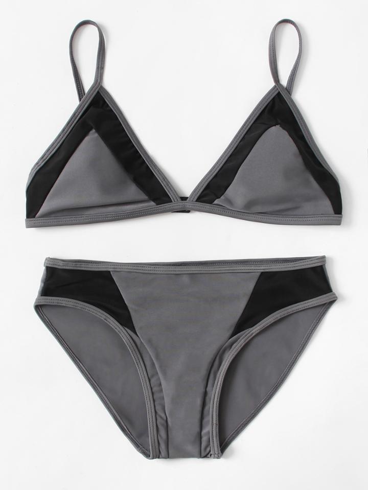 Romwe Contrast Panel Triangle Bikini Set