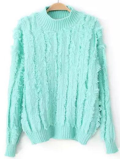 Romwe Stand Collar Tassel Knit Sweater-mint Green