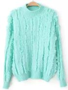 Romwe Stand Collar Tassel Knit Sweater-mint Green