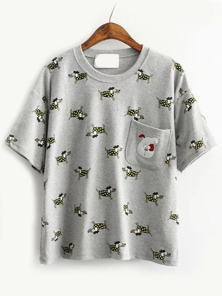 Romwe Dog Print Patch Pocket Grey T-shirt