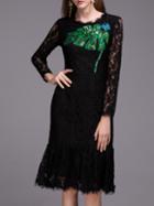 Romwe Black Leaf Sequined Butterfly Beading Lace Dress