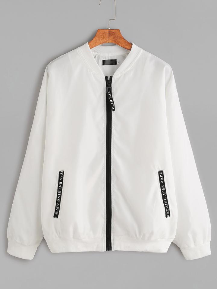 Romwe Ivory Print Back Contrast Zipper Bomber Jacket
