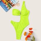 Romwe Neon Lime Ring Linked Asymmetrical One Piece Swimwear