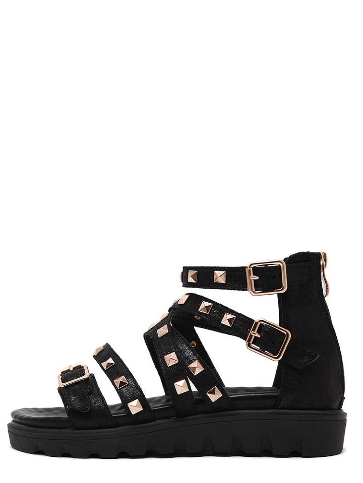 Romwe Black Peep Toe Studded Strappy Sandals