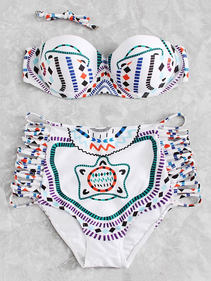 Romwe Ladder Cutout Mixed Print Bikini Set
