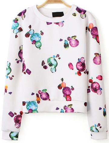 Romwe Gemstone Print Crop White Sweatshirt