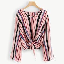 Romwe Plus Knot Hem Striped Blouse