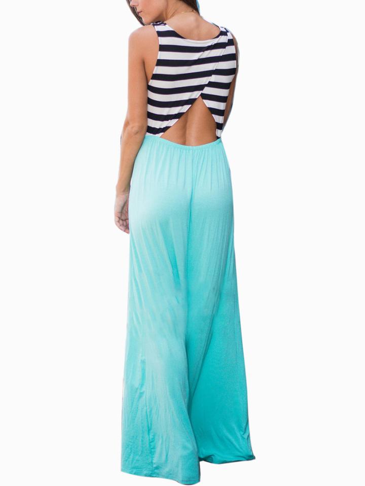 Romwe Color-block Striped Open Back Maxi Dress