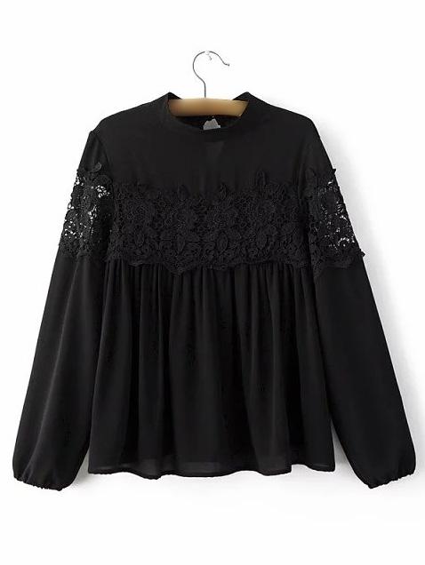 Romwe Black Band Collor Crochet Key Hole Blouse