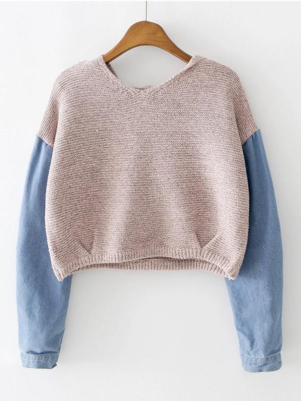 Romwe Contrast Denim Panel Sleeve Hooded Sweater