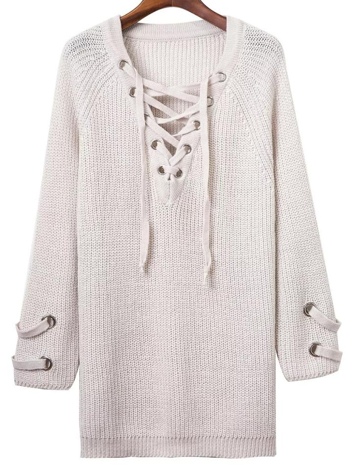 Romwe White Eyelet Lace Up V Neck Knit Dress