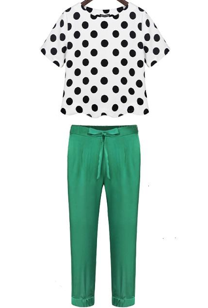 Romwe Short Sleeve Polka Dot Top With Bow Slim Pant