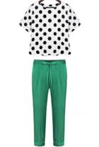 Romwe Short Sleeve Polka Dot Top With Bow Slim Pant
