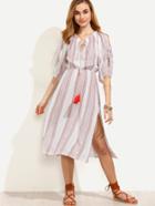 Romwe White Vertical Striped Tie Neck Slit Sleeve Dress