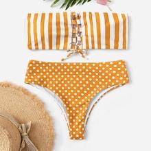 Romwe Random Lace-up Striped And Polka Dot Bikini Set
