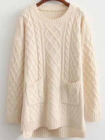 Romwe Dip Hem Cable Knit Pockets Beige Sweater