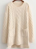 Romwe Dip Hem Cable Knit Pockets Beige Sweater