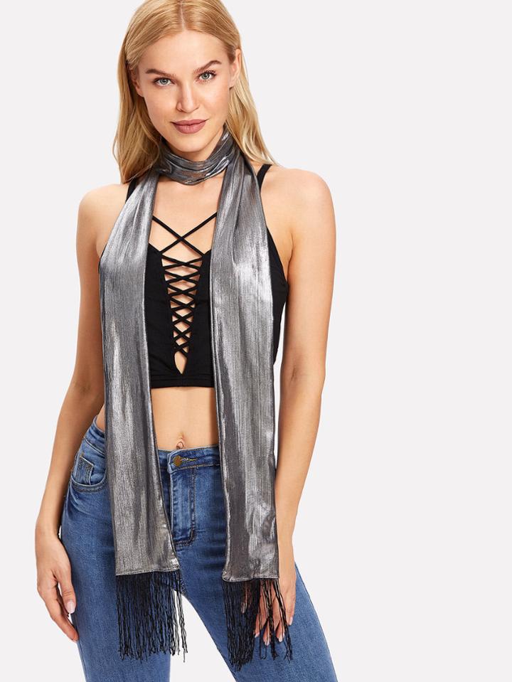 Romwe Fringe Trim Metallic Skinny Scarf