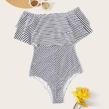 Romwe Striped Removable Strap Layered Ruffle One Piece Swimwear