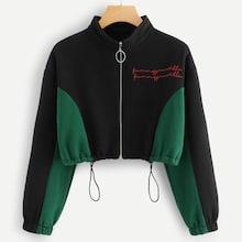 Romwe Letter Embroidered Zipper Crop Jacket