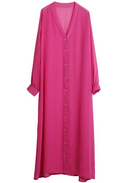 Romwe V Neck Buttons Chiffon Rose Red Coat