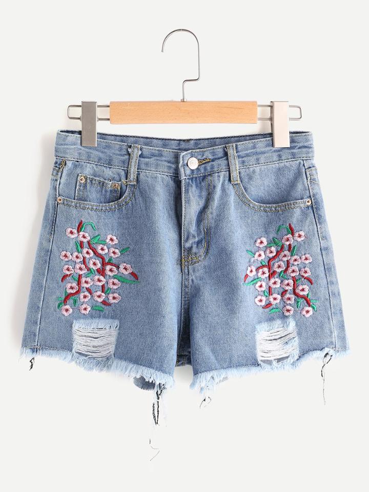 Romwe Embroidered Destroyed Raw Hem Shorts