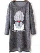 Romwe Cartoon Print High Low Grey Sweater Dress