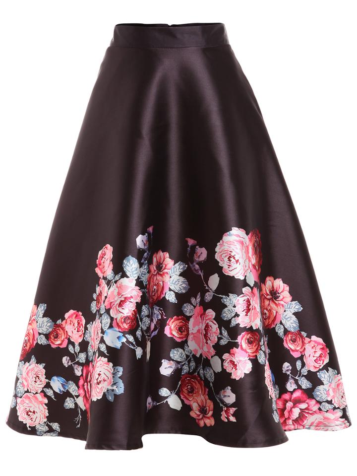 Romwe Rose Print Flare Midi Skirt