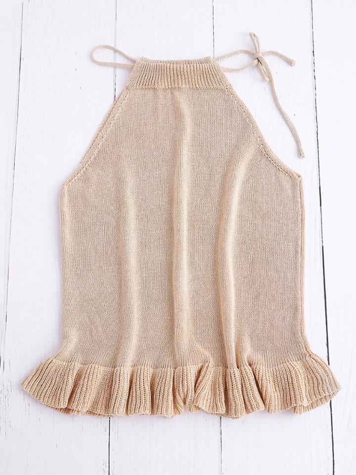 Romwe Frill Hem Knit Drawstring Halter Top