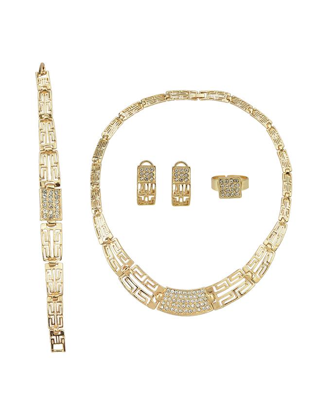 Romwe Gold Plated Rhinestone Maze Shape Necklace Earrings Bracelet Rings Jewelry Set For Women