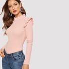 Romwe Frill Neck Ribbed Knit Tee