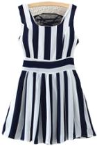 Romwe Back Lace Up Vertical Striped Blue Dress