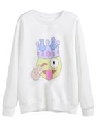 Romwe White Emoji Crown Print Sweatshirt