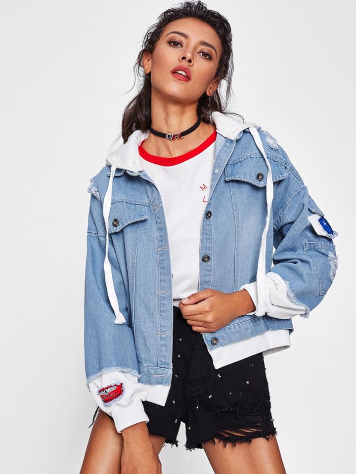 Romwe Contrast 2 In 1 Frayed Trim Hooded Denim Jacket