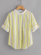 Romwe Rolled Sleeve Stripe Blouse With Chest Pocket