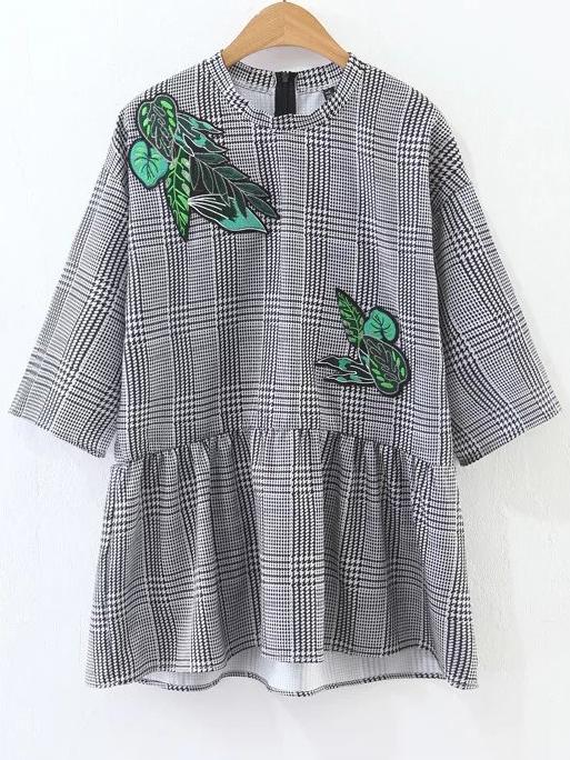 Romwe Black And White Plaid Patch Detail Blouse