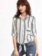 Romwe White Vertical Striped Knot Front Pocket Blouse