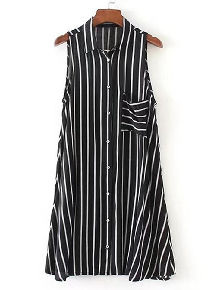 Romwe Vertical Striped Sleeveless Shirt Dress
