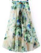 Romwe Light Green Drawstring Waist Floral Skirt
