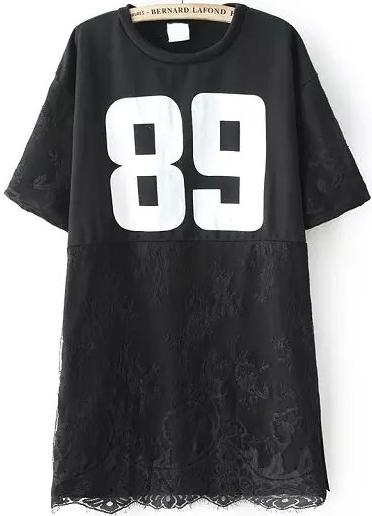 Romwe Number Print Irregular Lace Hem Black T-shirt