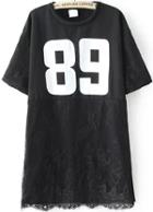 Romwe Number Print Irregular Lace Hem Black T-shirt