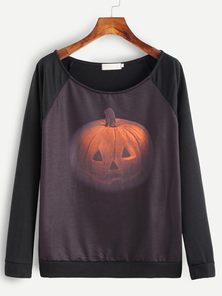 Romwe Color Block Pumpkin Print Raglan Sleeve T-shirt