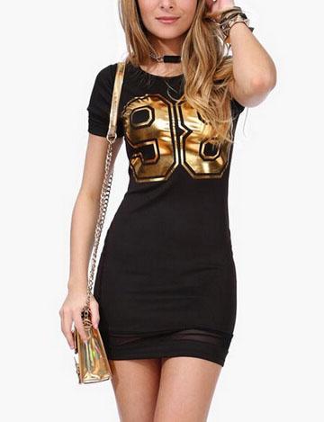 Romwe Number Print Mesh Hem Black Dress